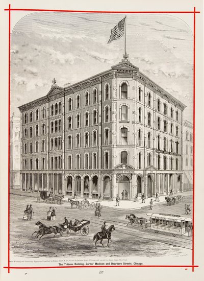 The Tribune Building op de hoek van Madison en Dearborn Streets, Chicago, Illustratie in The Merchants and Manufacturers of Chicago Illustrated, 1873 door American School